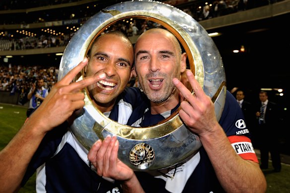 Archie Thompson and Kevin Muscat after the 2009 A-League grand final.