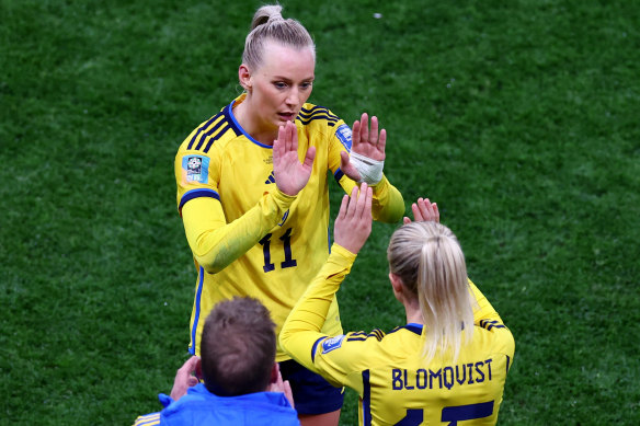 Sweden’s Rebecka Blomqvist comes on as a substitute to replace Stina Blackstenius.
