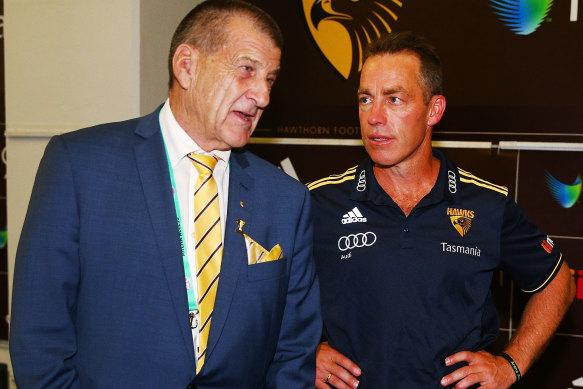 Turbulent relationship: Hawthorn president Jeff Kennett and coach Alastair Clarkson pictured in 2018. 