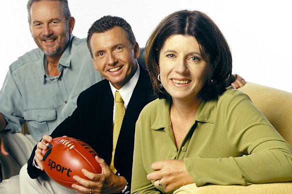 Robert Walls in 2004 with fellow Talking Footy panellists Bruce McAvaney and Caroline Wilson.