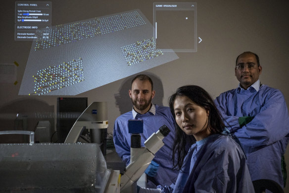 Dr Brett Kagan, Dr Nhi Thao Tran and Dr Adeel Razi with, in the background, a representation of the neurons and the game Pong.