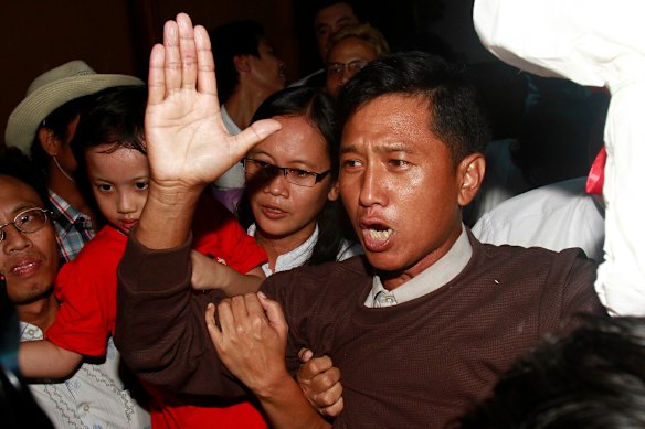 Pro-democracy activist Kyaw Min Yu, pictured in Yangon in 2012 with his wife and daughter after being released from prison, was also executed. 