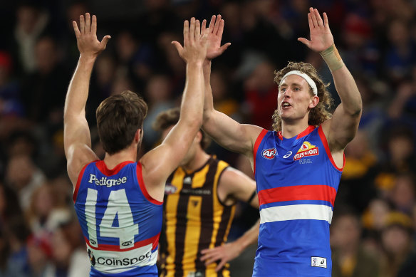 Aaron Naughton celebrates a goal in his side’s win over Hawthorn.