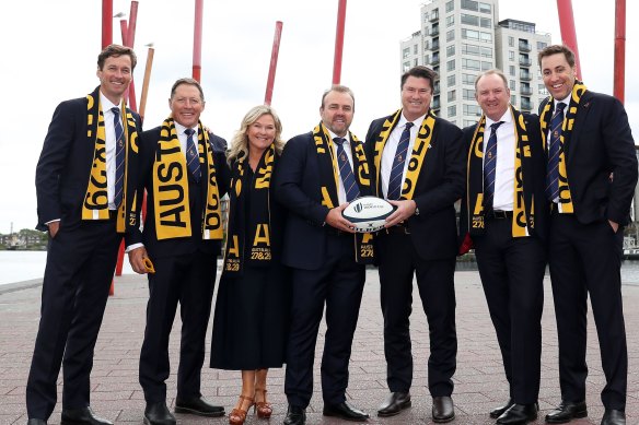 Rugby Australia’s successful bid team in Dublin on Thursday; (from left) Patrick Eyers, Phil Kearns, Pip Marlow, Andy Marinos, Hamish McLennan, Brett Robinson and Anthony French.