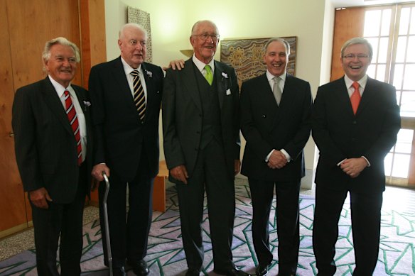 Former prime ministers Bob Hawke, Gough Whitlam, Malcolm Fraser, Paul Keating and Kevin Rudd after Rudd’s apology to Indigenous Australia, specifically the Stolen Generations.