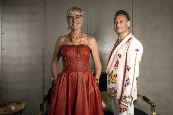 Caroline Ralphsmith wearing Sophie Theallet, and Jono Francisco wearing one of Shiva’s jackets by Trelise Cooper at the Shiva Gala on Monday night.