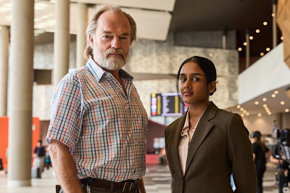 Hugo Weaving and Shabana Azeez star in The Airport Chaplain on SBS.