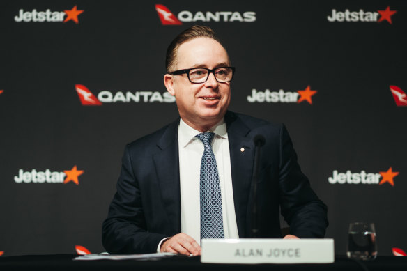 Qantas chief executive Alan Joyce announces record profits earlier this month.