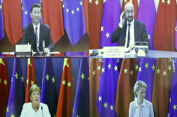 European Council President Charles Michel, top right, speaks with China's President Xi Jinping, top left, European Commission President Ursula von der Leyen, bottom right, and German Chancellor Angela Merkel, bottom left, during a virtual summit in September. 