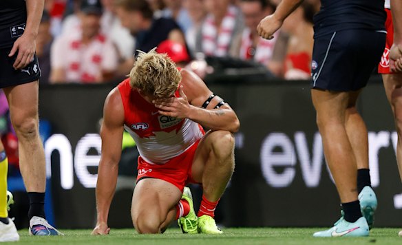 Isaac Heeney looks groggy after a knock to the head.
