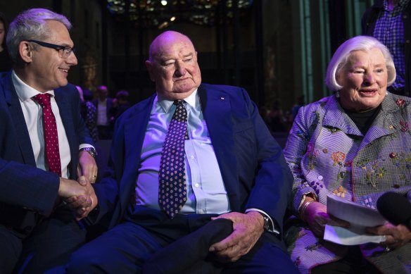 Danny Pearson, minister for creative industries, with Lindsay and Paula Fox on Tuesday.