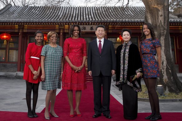 Michelle Obama and daughters Sasha (left) and Malia (right), with Marian Robinson, Chinese President Xi Jinping and his wife, Peng Liyuan, in Beijing in 2014.