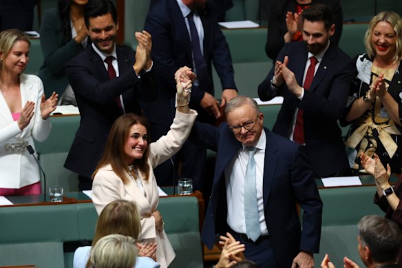 An emotional Prime Minister Anthony Albanese congratulates Ali France, the member for Dickson, after she delivered her maiden speech on Tuesday.