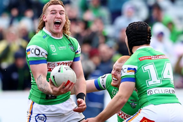 Noah Martin celebrates a try on Sunday.