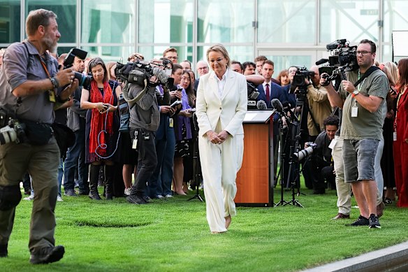 Sussan Ley departs after a media conference where she announced she would resign from parliament in coming weeks.