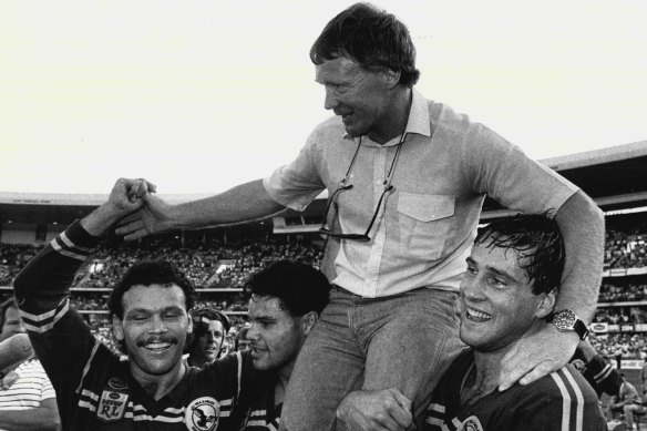 Manly coach Bob Fulton is carried from the SCG after Manly beat Canberra in the 1987 Grand Final. 