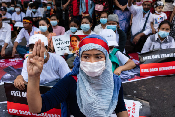 Armoured vehicles continued to be seen on the streets of Myanmar’s capital on Tuesday, but protesters turned out despite the military presence. 