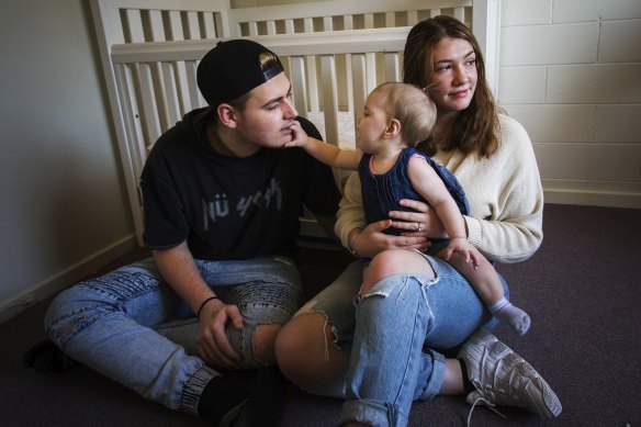 Destiny Axten Sarpa (right), her partner Gage Potter and 9-month-old daughter Winnie, have flourished after finding secure accommodation. 