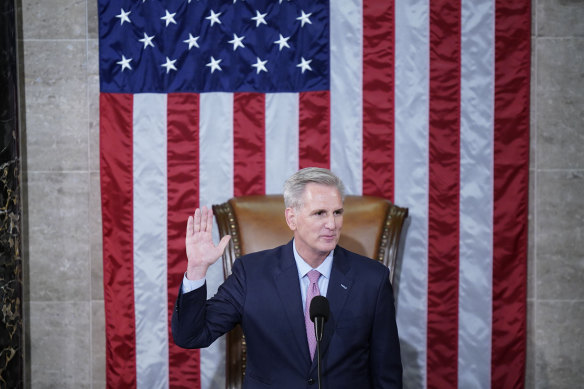 Kevin McCarthy after finally winning enough votes to become US Speaker of the House on Saturday.