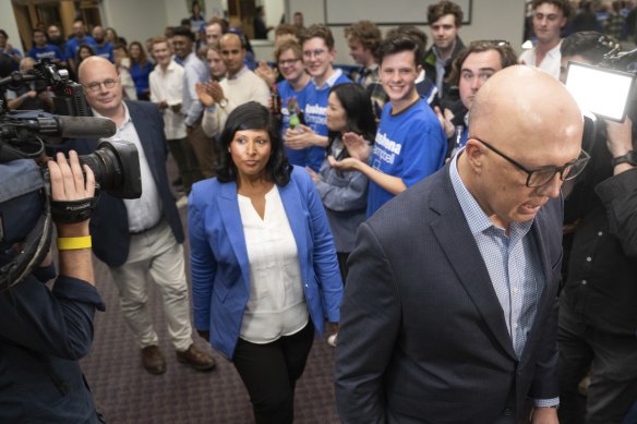 Federal Opposition Leader Peter Dutton and Roshena Campbell arrive to give the concession speech after losing the Aston byelection to Labor’s Mary Doyle.