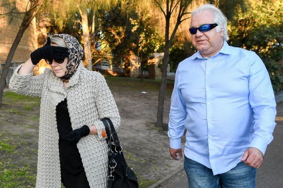 Con and Liudmila Petropoulos leaving Geelong Magistrates Court in 2019.