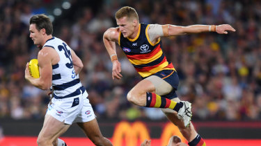 And he's off: Geelong superstar Patrick Dangerfield has a field day against the Crows at Adelaide Oval.