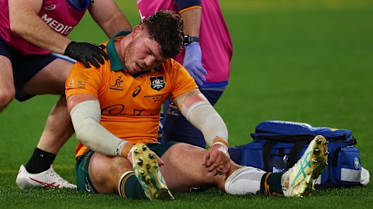 Carlo Tizzano of the Wallabies receives medical attention after the clash with Jac Morgan.