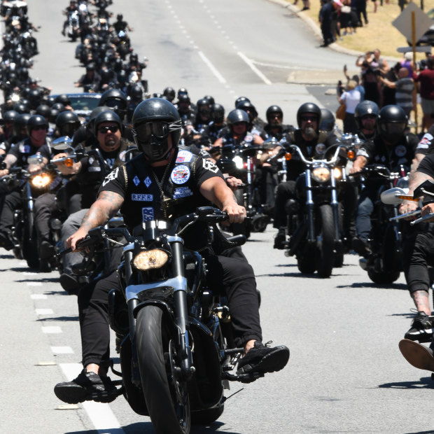 Patched Rebels members escort the coffin of Nick Martin to Pinnaroo Valley Memorial Park.