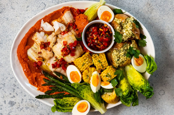 RecipeTin Eats’ fish platter with romesco sauce, capsicum salsa and sauce gribiche (French egg sauce).