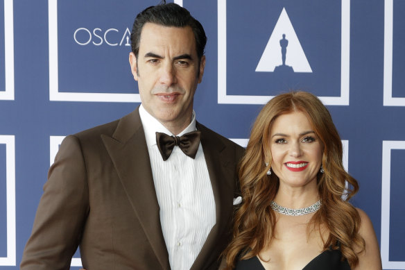 Sacha Baron Cohen and Isla Fisher at a screening of the Oscars in 2021.
