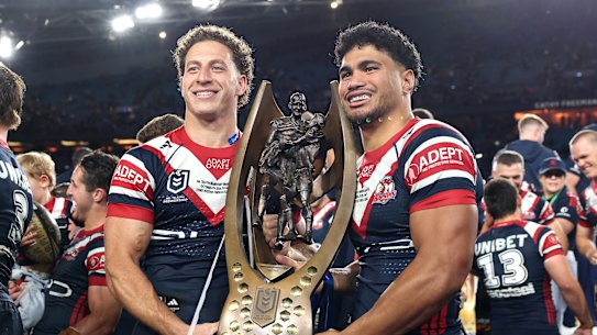 Mark Nawaqanitawase and Robert Toia celebrate grand final glory.