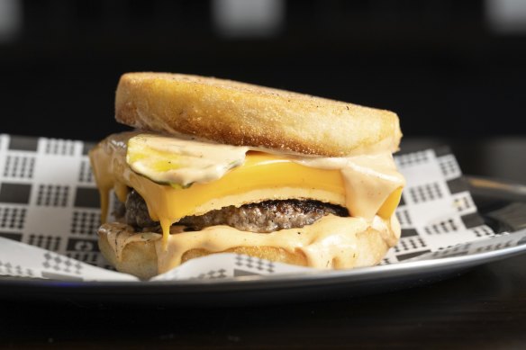 The Muffin Top with omelette, beef patty, zucchini pickles, American cheese and chilli Kewpie mayo.