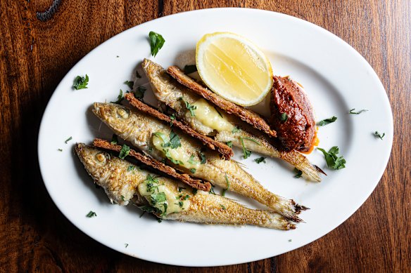Grilled whiting with harissa and latkes.