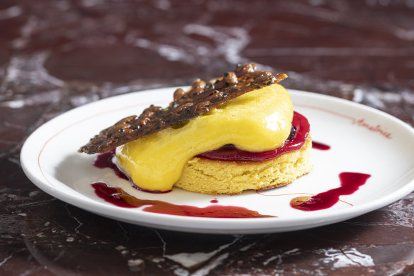 Blood orange cake with berries, sparkling tutti frutti mousse and seed cracker.