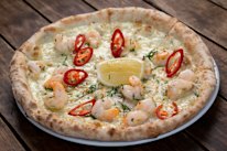 Chilli prawn pizza.
