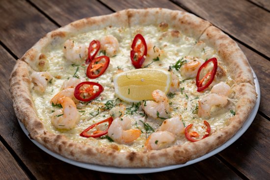 Chilli prawn pizza.