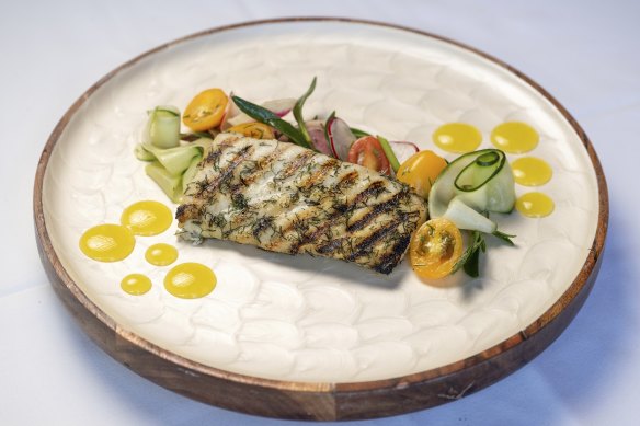 Grilled trevally with lemon gel, and an attractive cucumber, tomato, radish and sea purslane salad.