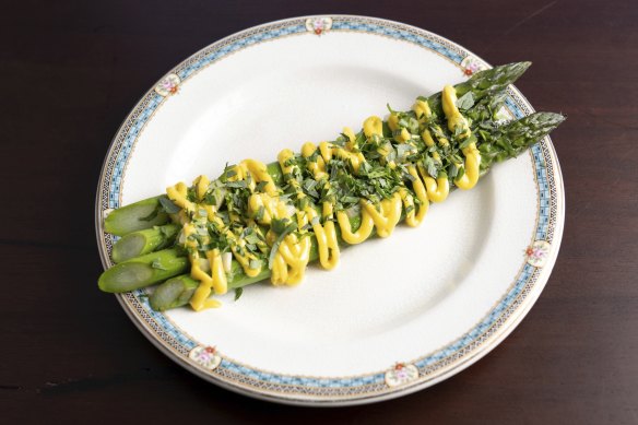 A seasonal special of asparagus with brown butter and tarragon emulsion.