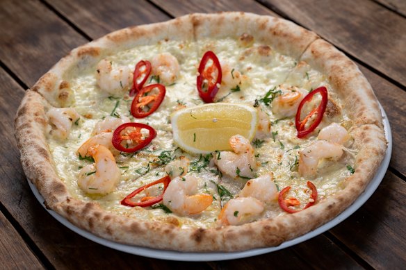 Chilli prawn pizza.