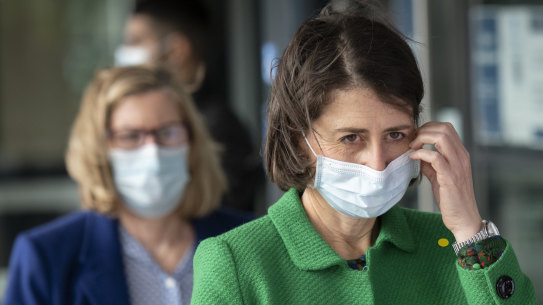 Premier Gladys Berejiklian and NSW Chief Health Officer Dr Kerry Chant arrive to provide a COVID-19 update. 