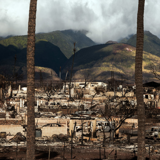 The wreckage of a neighborhood destroyed by last week’s wildfire in Lahaina, on the Hawaiian island of Maui.