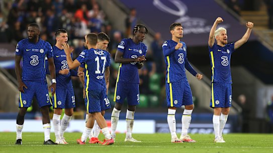 Chelsea teammates celebrate a Kepa Arrizabalaga save during the UEFA Super Cup penalty shootout in Belfast.