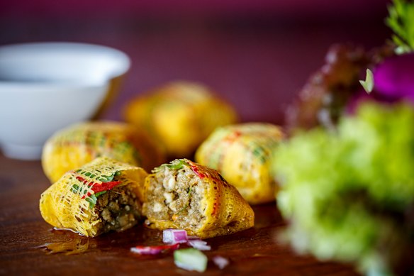 Eggnet parcels of spiced prawn and pork known as “lovers pillow”.