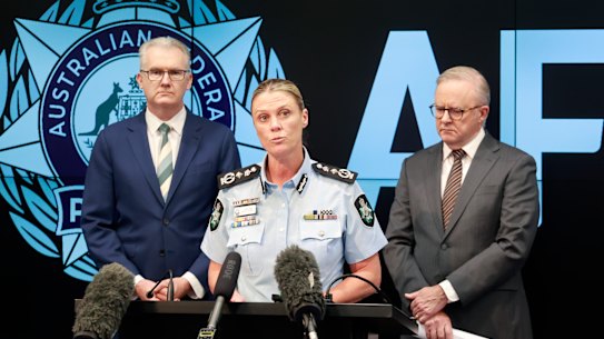 Home Affairs Minister Tony Burke, AFP commissioner Krissy Barrett and Prime Minister Anthony Albanese.