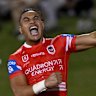 St George Illawarra Dragons Christian Tuipulotu celebrates a try.