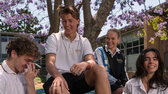 Students Gwilym Horlock, 18, Finley Batchelor, 18, Laila Jenkins, 17, and Ruby Vernon, 18 sat the PDHPE exam on Monday morning.