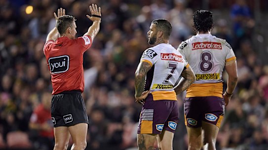 Broncos forward Keenan Palasia is sent to the sin bin.