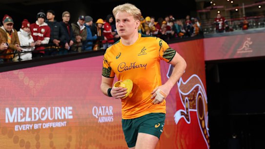 Tom Lynagh of the Wallabies runs onto the field to warm up ahead of the second test of the series between the Wallabies and British & Irish Lions