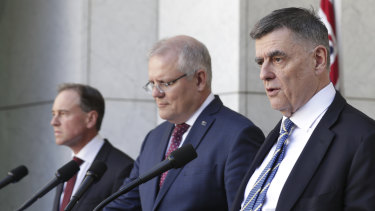 Health Minister Greg Hunt, Prime Minister Scott Morrison, and then-chief medical officer Professor Brendan Murphy at a coronavirus press conference in March 2020.
