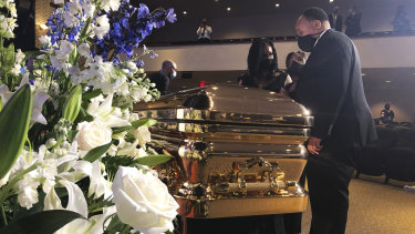 Martin Luther King III pauses in front of George Floyd's casket at his memorial service.